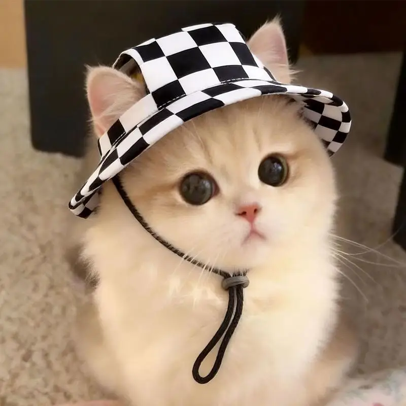 

Summer Pet Cat Sun Hat With Ear Holes - Cute Kitten Fisherman Cap For UV Protection Breathable Outdoor Sunshade Cap For Cats
