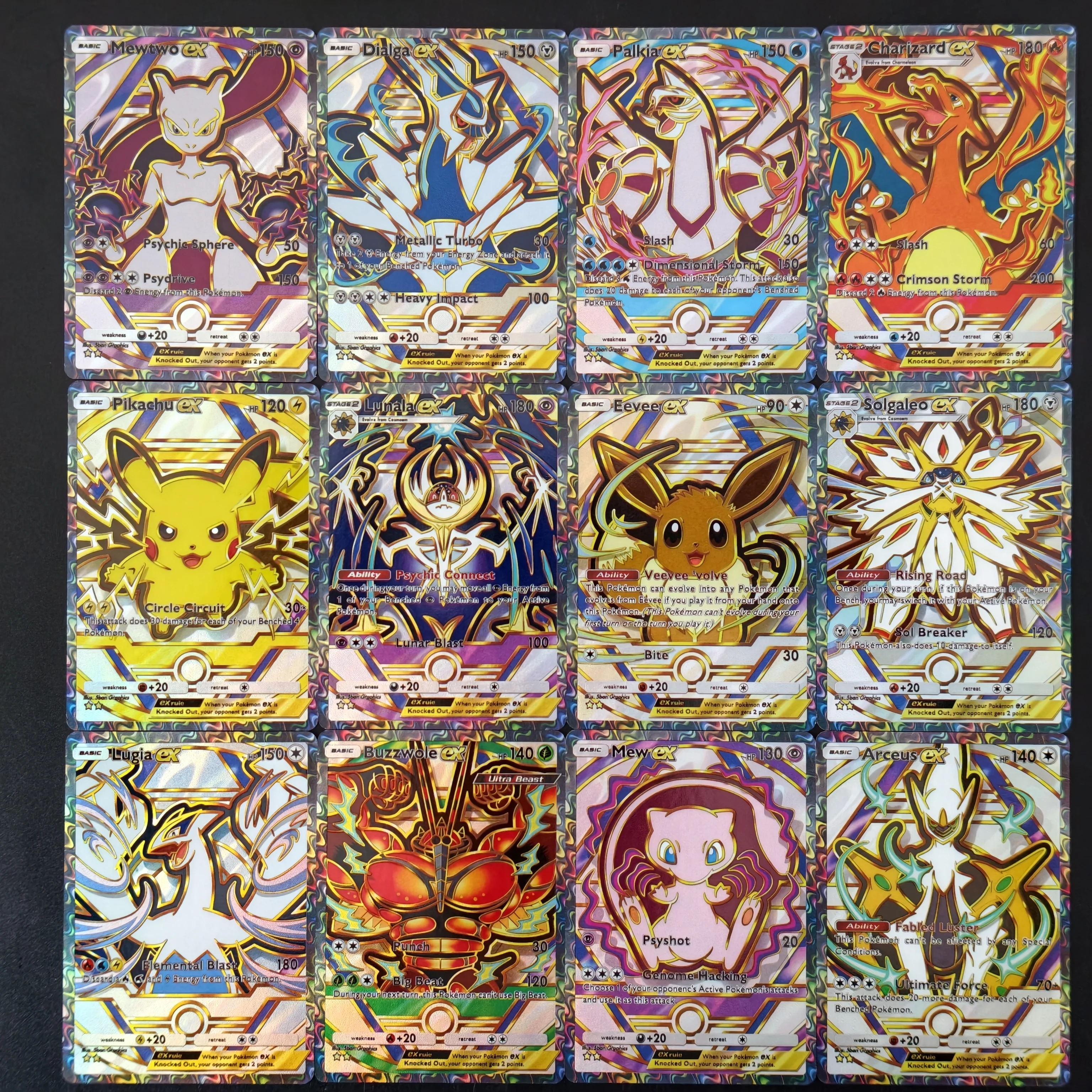 13-peCas-novo-cartas-proxy-ptcg-pokemon-arceus-ex-charizard-pikachu-lunala-solgaleo-edicao-dourada-com-contorno-e-arte-completa-feita-a-mao