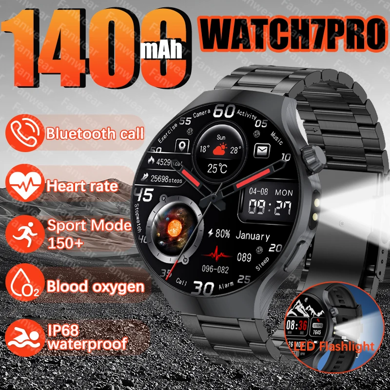 2026 새로운 TANK 울트라 1400mAh 배터리 군용 스마트워치 IP68 방수 심박수 측정 전술 LED 손전등 남성용 Watch7PRO 시계