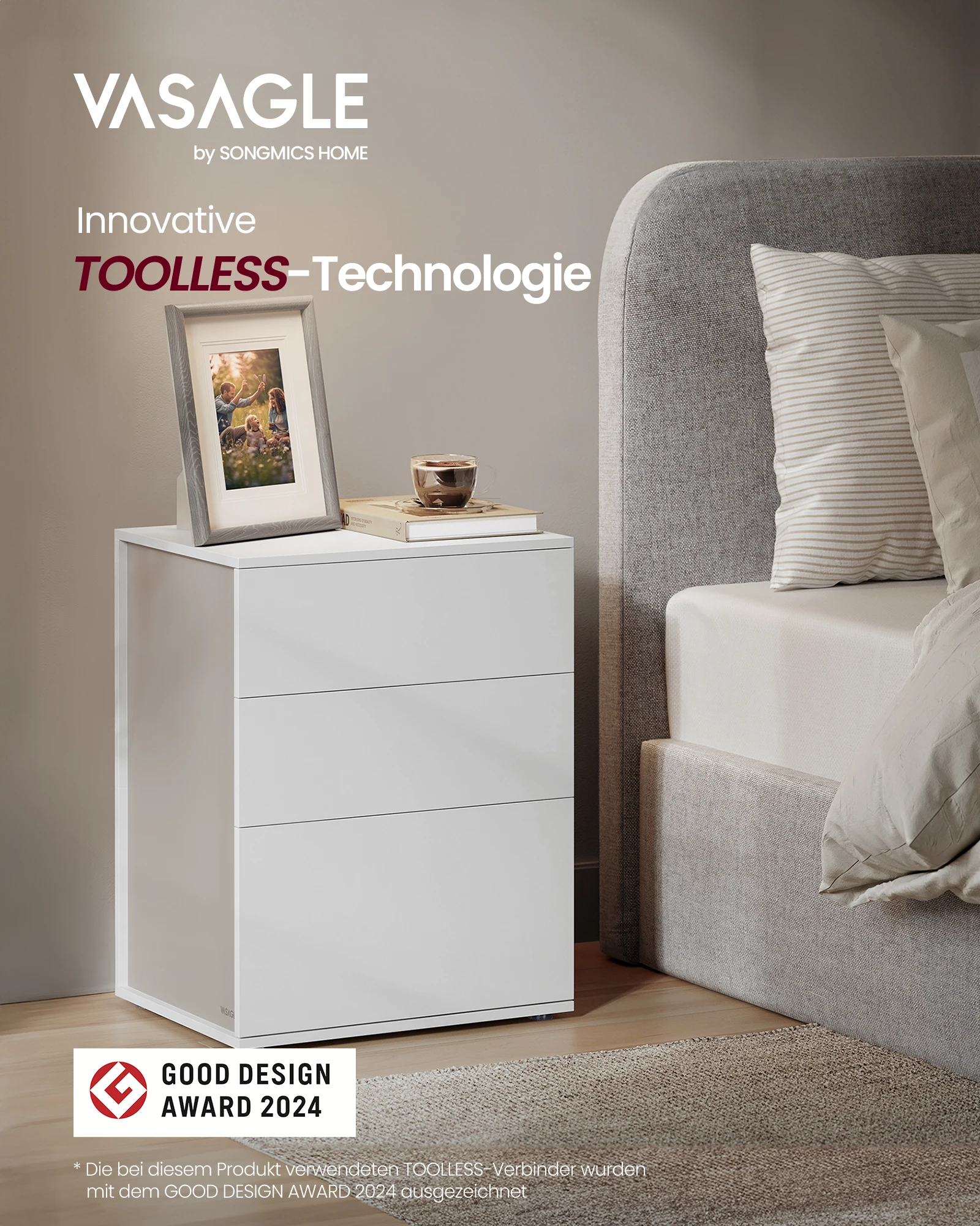 VASAGLE Toolless technologie supersnelle gereedschapsmontage nachtkastje bijzettafel tafel 3-laden nachtkastje woonkamer