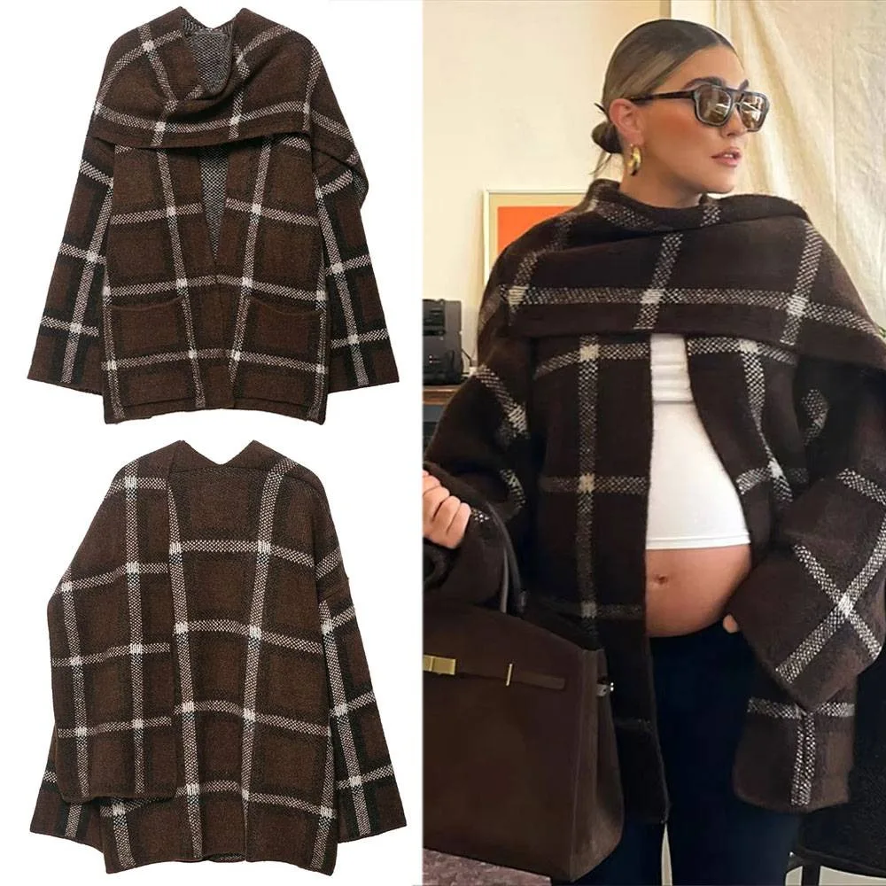 

Женский вязаный кардиган с шарфом и воротником, ранняя осень, мода в стиле ретро, свободное клетчатое пальто с цветными блоками, пальто с длинными рукавами, карманный свитер, куртка