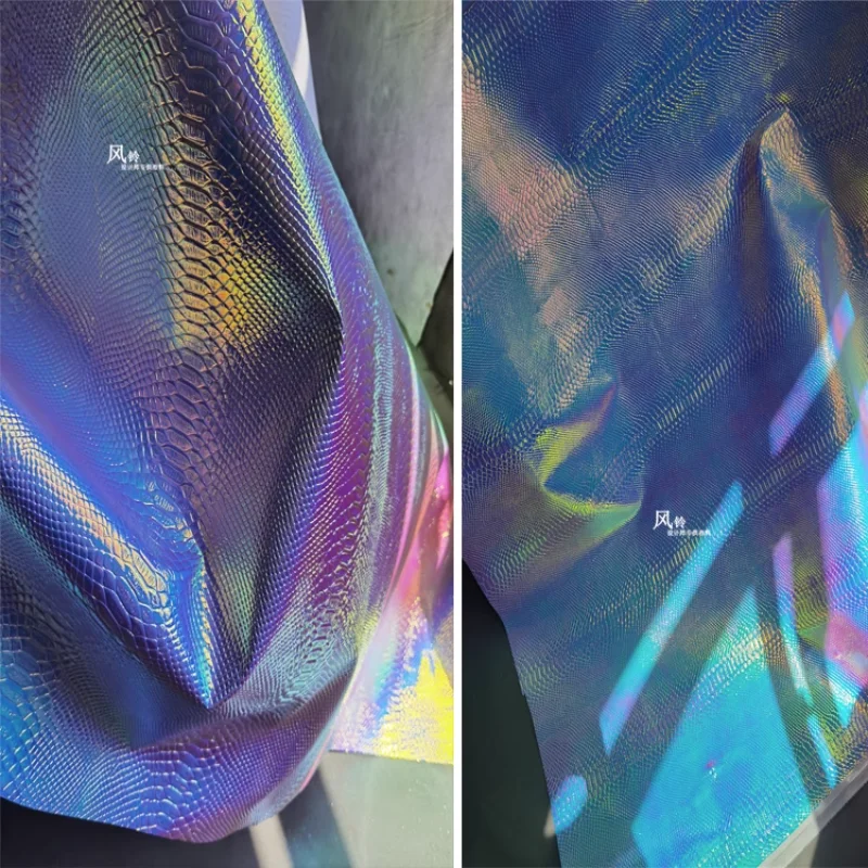 

Iridescent Leather Fabric Snake Skin Pattern Blue Pink Gradient For Patches Bag Stage Cosplay Decor Clothes Designer Fabric