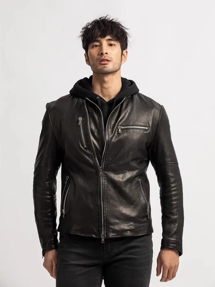 Mens Genuine Leather Jacket Punk Short Coat Long Sleeve Slim Fit Zipper Stand Collar Natural Sheepskin Motorcycle Coats Male