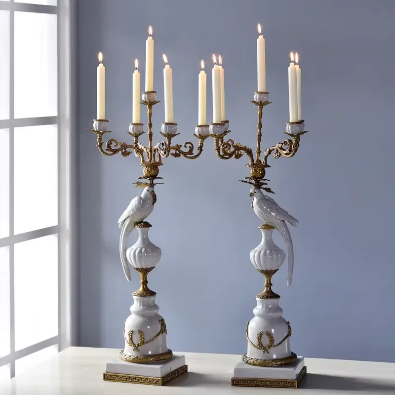 Interior Home Decor Ceramic Candlestick Made of Porcelain and Bronze Fittings Inspired by a Vintage Design Parrot Candle
