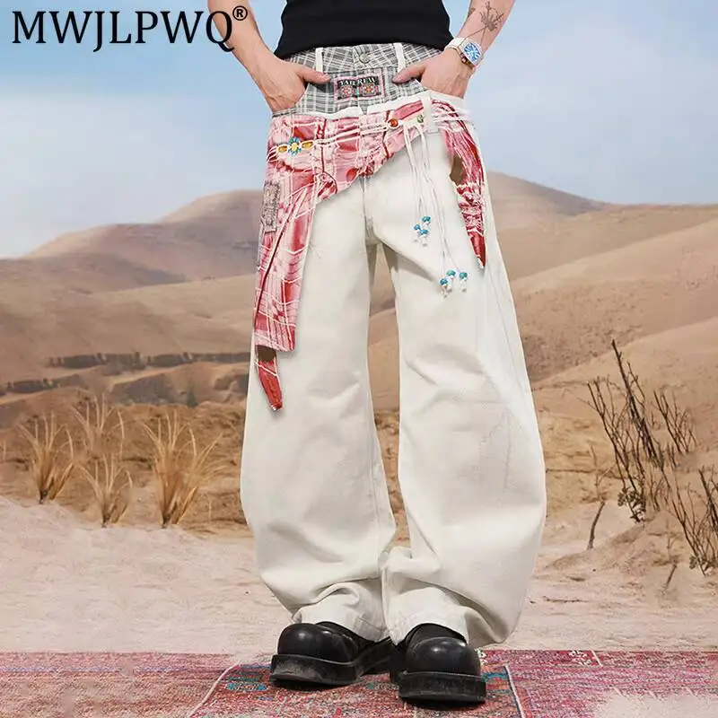 MWJLPWQ Pattern Printed Denim Pants Men's Plaid Waistband Streetwear Loose Wide Leg Jeans 2026 Autumn New Baggy Trousers 17496