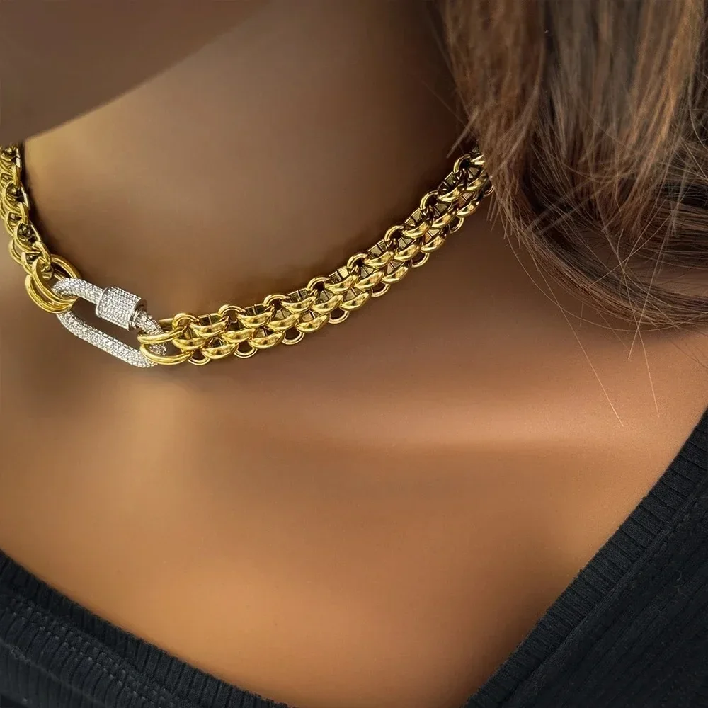 18K Gold Plated Stainless Steel Zircon Clasp Pendant Necklace for Women Waterproof Three Layer Braided Chains Choker Jewelry