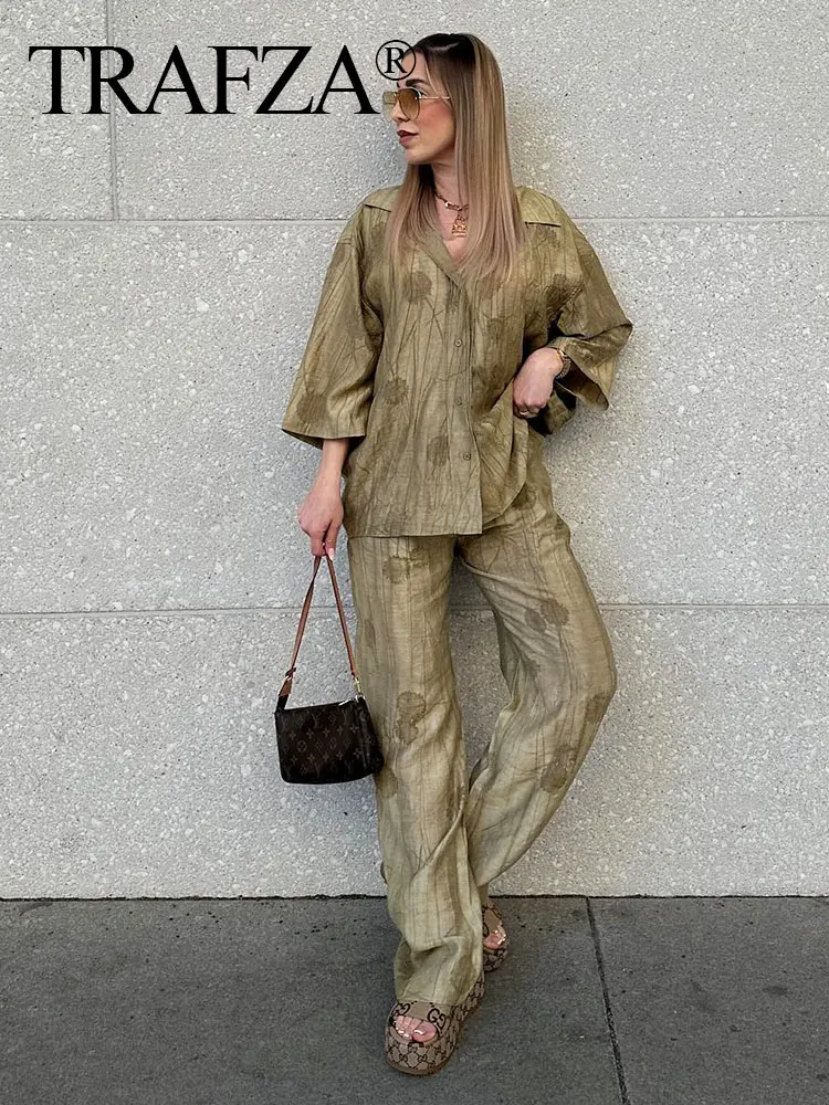 TRAFZA Women Elegant 2 Piece Set Jacquard Blouse Loose Shirt Wide Leg Pants 2024 Spring Summer Female Fashion Casual Y2k Outfit