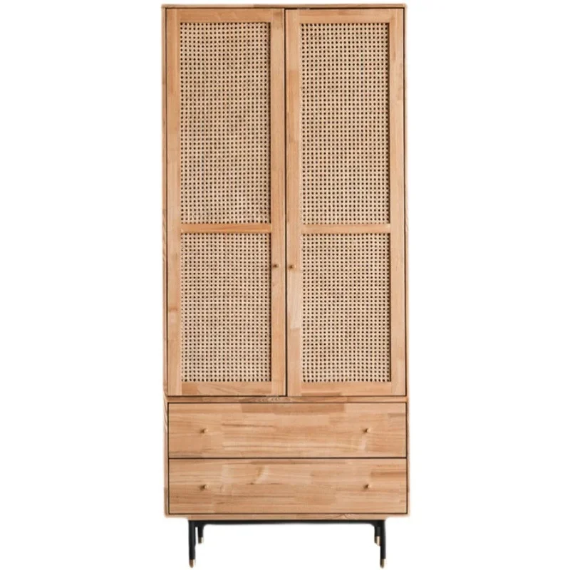 

American country log rattan wardrobe modern double door wardrobe, Nordic solid wood wardrobe, bedroom locker storage