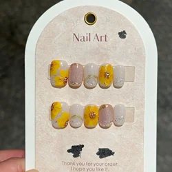 10Pc Handmade Press on Nails Sunflower Cat Eye Design Fake Nails Relief Sparkling Powder Short Nail Wearable Full Over Nail Tips