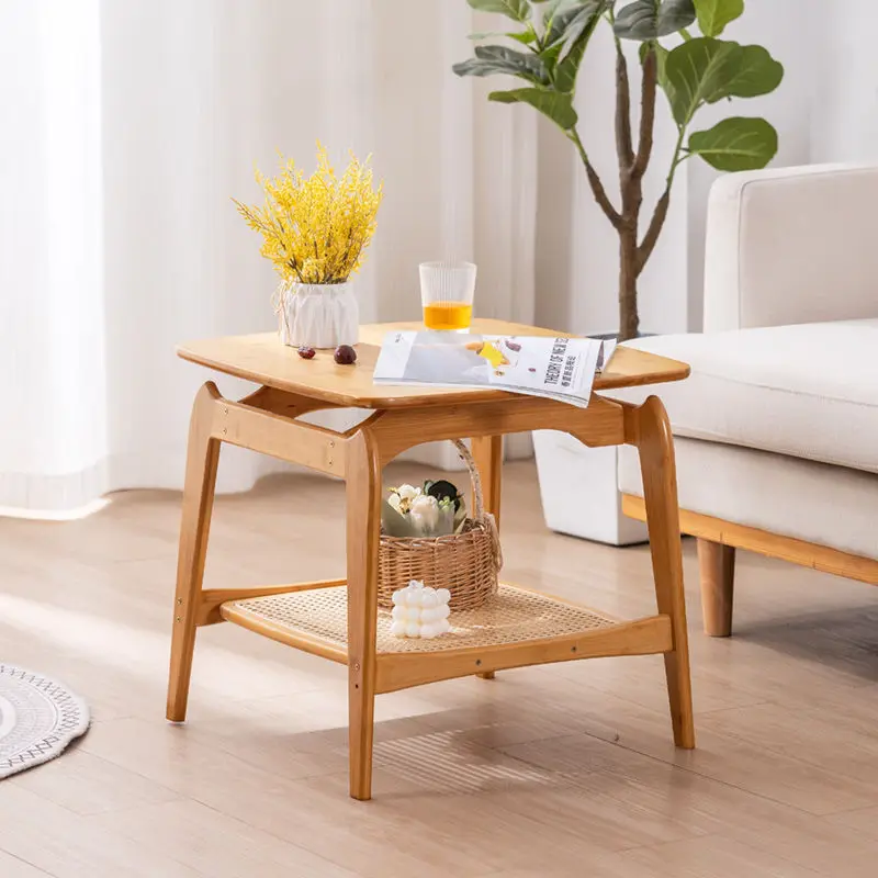 

Wooden coffee table living room corner Nordic simple home rattan double-layer side table small apartment low table