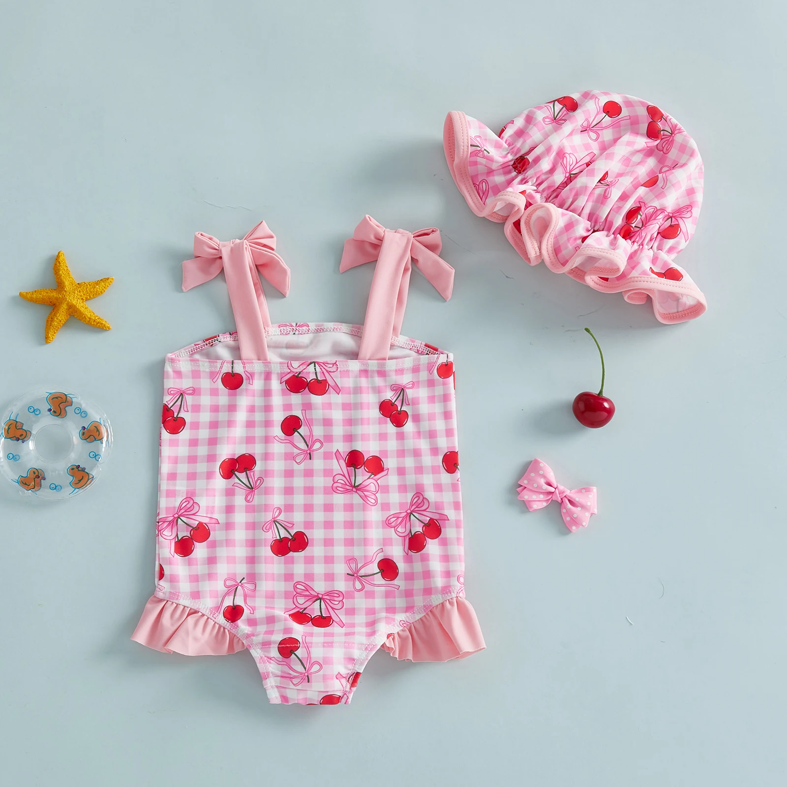 Toddler Baby Girl Summer Swimsuit Cute Strawberry/Bow/Cherry Print Sleeveless Tie Shoulder Bathing Suit with Swim Cap