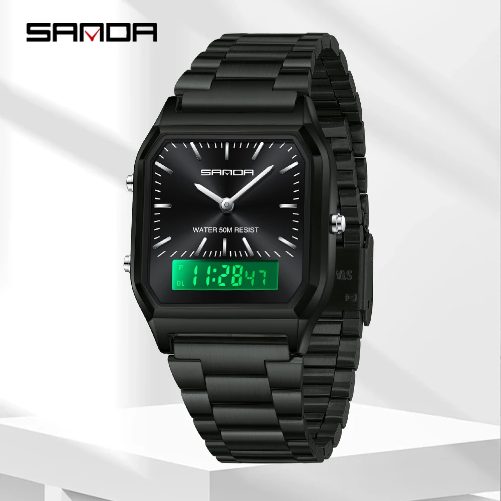 SANDA Luxury Mens G style Watches Stainless Steel Women LED Digital Dual Display Clock Unisex Waterproof Sports Quartz Watch 747