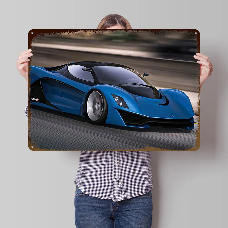 Blue Sports Car Concept Poster Customized Vintage Metal Signs Wall Art Retro Tin Plaque for Home Decorations Wand Deko House