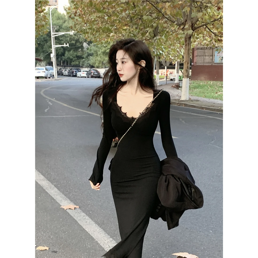 Hebe Style Korean V-neck Lace Long Sleeve Dress Bodycon Skirt Tight Fit Wrap around Autumn Winter Fashion Ladies Dress