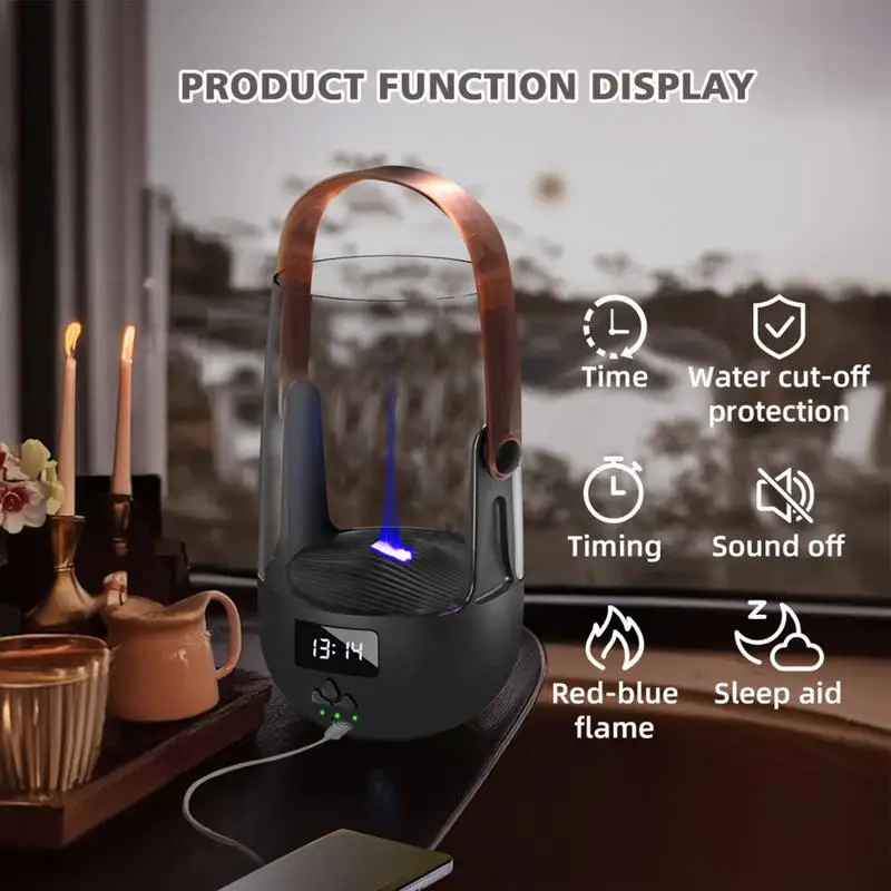 Scent Diffuser Flame Fire Diffuser Humidifier Time Display Fragrance Oil Diffuser Desk Humidifier For Bedroom Waterless Auto-Off