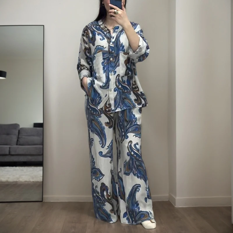 Vintage Print Two Piece Sets Fashion O-neck Three-quarter Sleeve Single-breasted Shirt And Drawstring Pocket Wide-leg Pant Suits