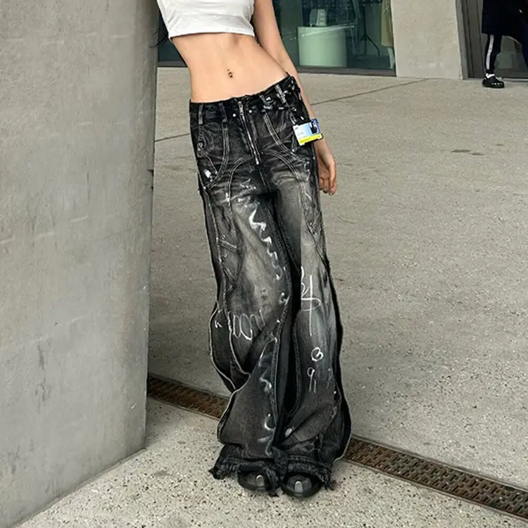 Pantalones vaqueros de talla grande con tinte anudado para mujer, pantalones de pierna ancha Vintage estilo hip hop americano, ropa de calle holgada, pantalones largos hasta el suelo 2024