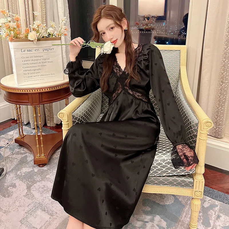 Women Sweet Long Sleeve Nightdress Sexy Patchwork Lace V-neck Nightgown Sleepwear French Court Style Satin Home Dress Loungewear