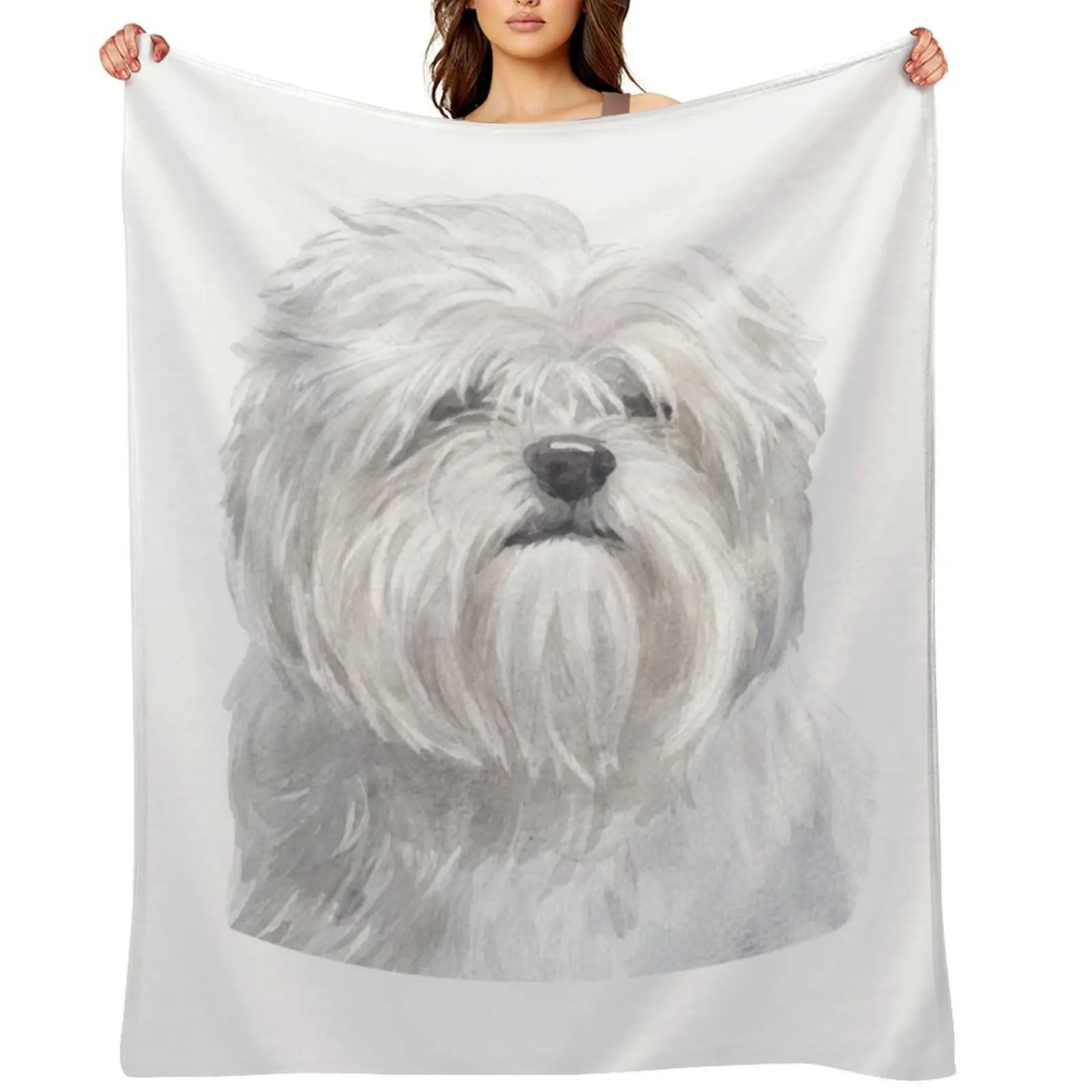

White Lhasa Apso Watercolor Art Throw Blanket Luxury Designer Giant Sofa Hairy Personalized Gift Blankets