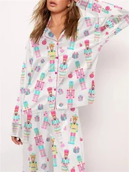 Womens Silk Satin Pajama Set Y2k Christmas Nutcracker Long Sleeve Shirt Tops and Wide Leg Pants Sleepwear