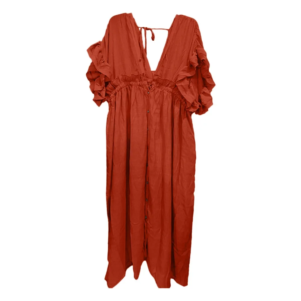 

Fashion V Neck Summer Sunscreen Smock Loose Long Swimsuit Cover Up Dress Bathing Suit Casual Beachwear Shirt for Women