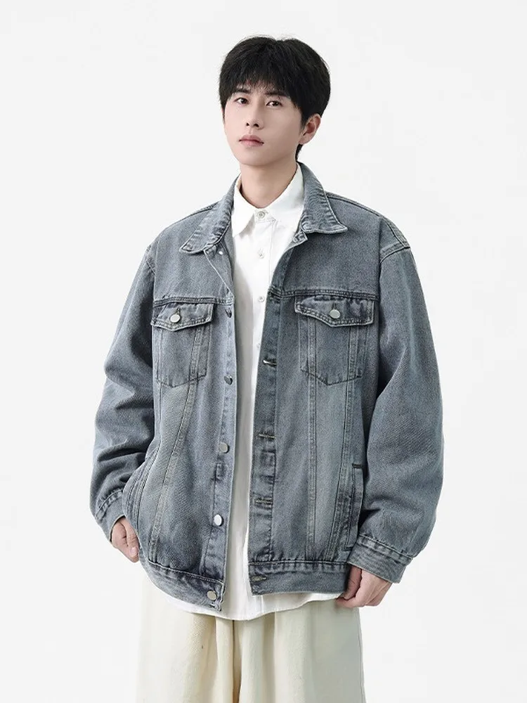 Retro American Denim Jacket Men's Autumn Winter Washed Workwear Collared Trendy Brand Handsome Turn-down Collar Jacket