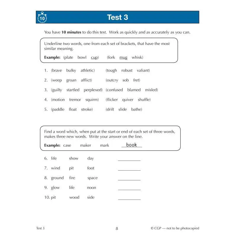 11 GL 10 دقائق اختبار المفردات للتفكير اللفظي للأعمار الإنجليزية 1011 كتاب 1 مع Onl Ed CGP 9781789088076