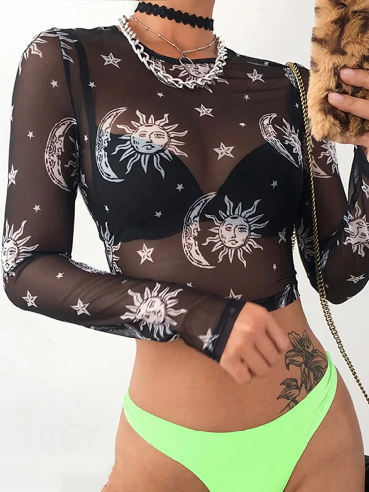 2023 Women Sexy Harajuku Mesh Tops Long Sleeve See Through T Shirt Transparent Sun Moon Star Print T-shirt Femininas Clubwear