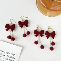 Winter Wine Red Flocked Bow Pom Ball Ear Clips Earrings New Year Christmas Long Tassel Bowknot Clip on Earrings Without Piercing