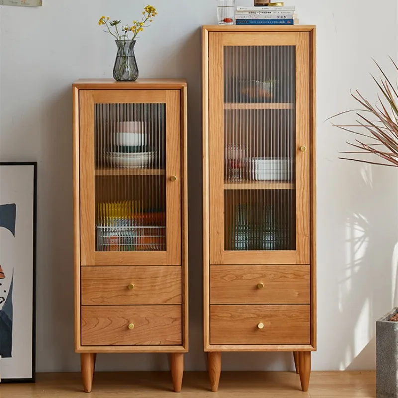 

Nordic Narrow Cabinet Solid Wood Side Cabinet Log Cherry Japanese Home Bookcase Entrance Cabinet Glass Door Drawer Locker