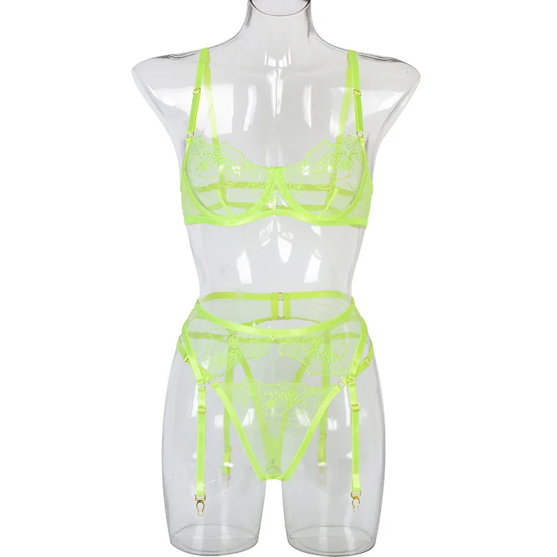 مجموعة ملابس داخلية ممتعة مكونة من ثلاث قطع، مجموعة ربط شبكية مطرزة بمنظور أخضر فلوري #5