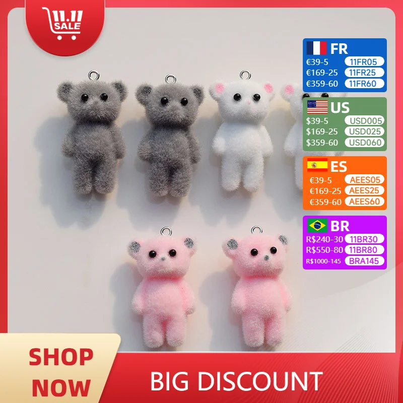 30Pcs 3D Flocked Cute Bear Charms Cartoon Animal Resin Pendant  For Make DIY Jewelry Mobile phone chain Keychain accessories