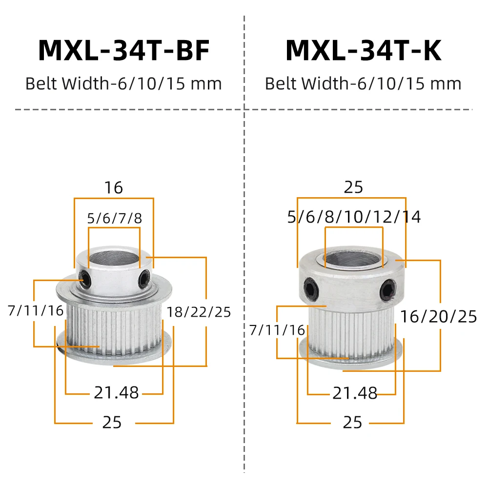 MXL 34Teeth 35Teeth Synchronous Pulley Wheel Bore 5/6/8/10/12/14 mm Aluminum Pulley For Width 6mm 10mm 15mm MXL Timing Belt