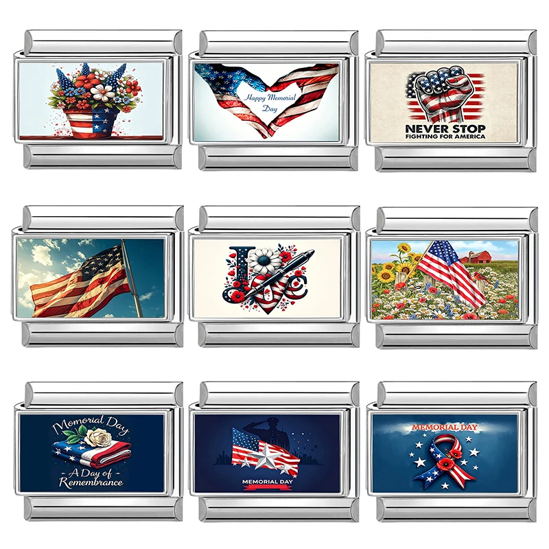 Fashion Memorial Day American Flag Flowers Pattern Italian Charm Link Fit 9mm Stainless Steel Bracelet DIY Making Jewelry Gift