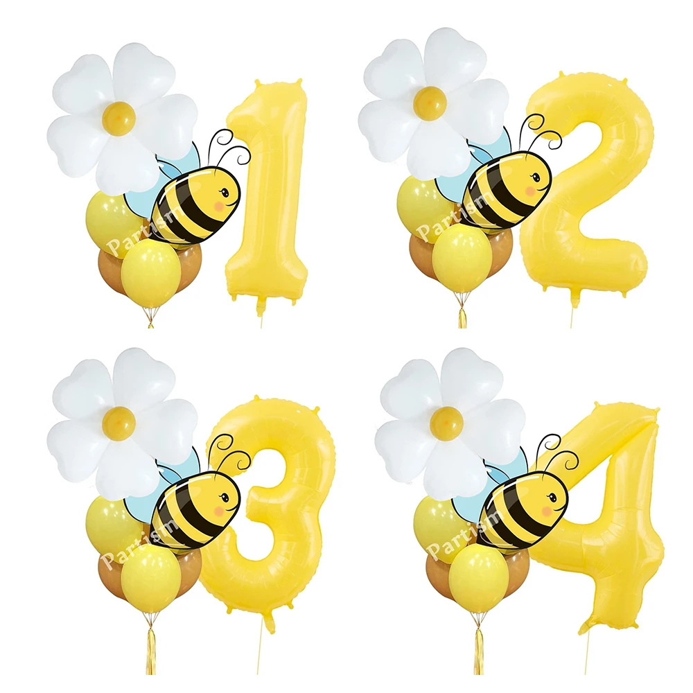 9pcs/set Carton Bee Balloons White Daisy Foil Number Balloon for Kids Happy Bee Day Themed Birthday Party Decoration Supplies