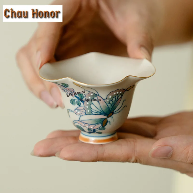 

45 мл ручная роспись бабочка на высоких ножках, элегантный набор чайных чашек, чашки для дегустации чая, чашка для запаха, чашки Chazhan Master, посуда для напитков