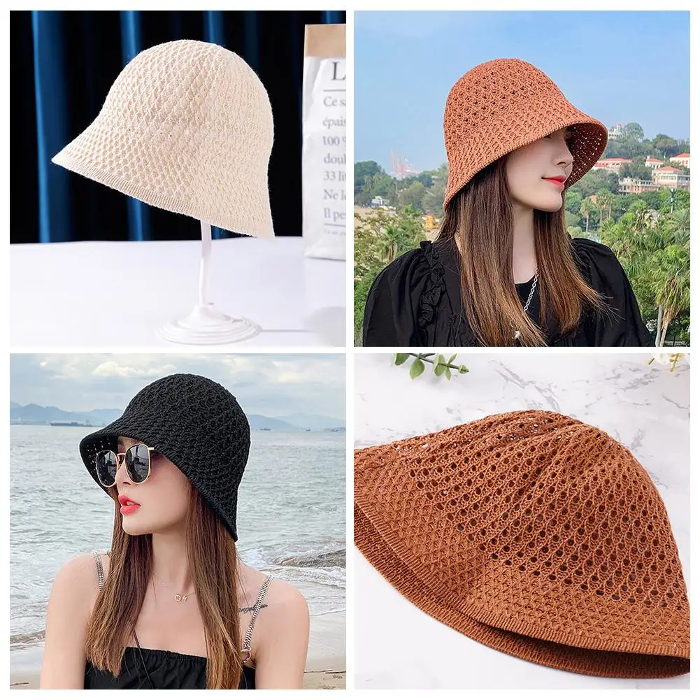 Summer Sunscreen Crochet Floppy Hat Women Hollowed Out Fisherman Bucket Hat Foldable Korea Fashion Outdoor Sun Blocking Cap