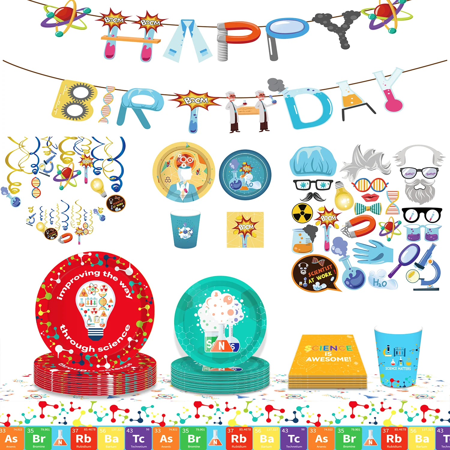 Cartoon Coole Wissenschaftler Wissenschaft DNA Chemie Party Einweg-Geschirr-Sets Geburtstag Teller Servietten Becher Party-Deko-Zubehör