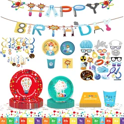 Cartoon Cool Scientist Science DNA Chemical Party Disposable Tableware Sets Birthday Plates Napkins Cups Party Decor Supplies