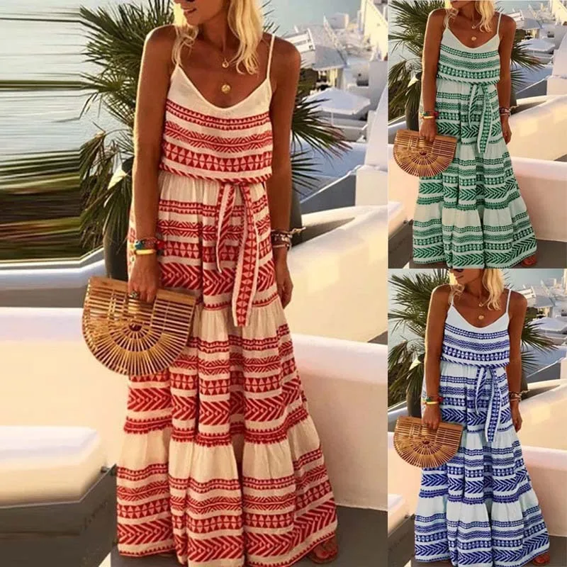 New Fashion Stripe Lace Up Large Women\'s Bohemian Style V-neck Printed Beach Strap Dress Refreshing and Casual plus size dresses