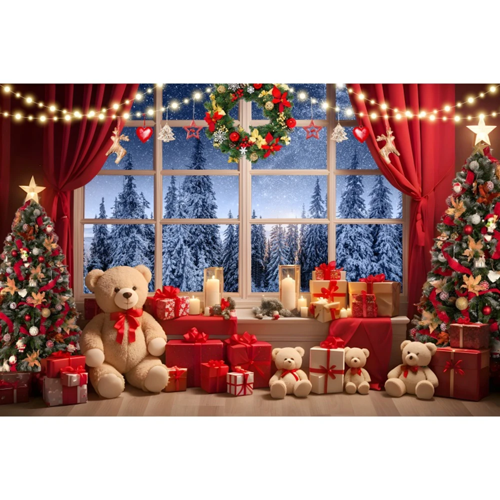 Christmas Windows Bears and Gifts Backdrops Red Curtain Starry Sky Kids Family Photography Baby Photocall Xmas Wall Backgrounds