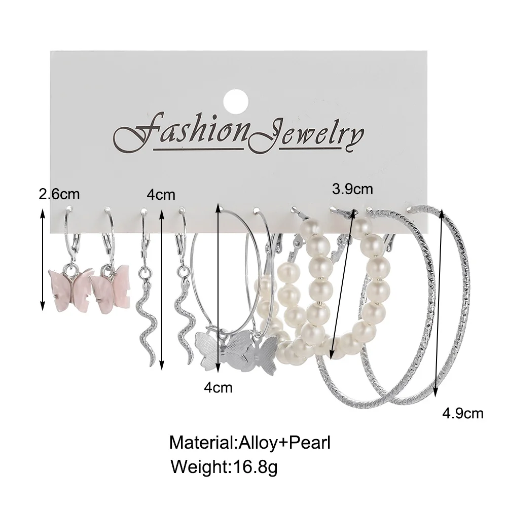 

5 Pairs of Earrings Set Fashion Big Round Circle Pearl Hoop Earrings Textured Silver Color Hoop Earrings Diverse Earring Set