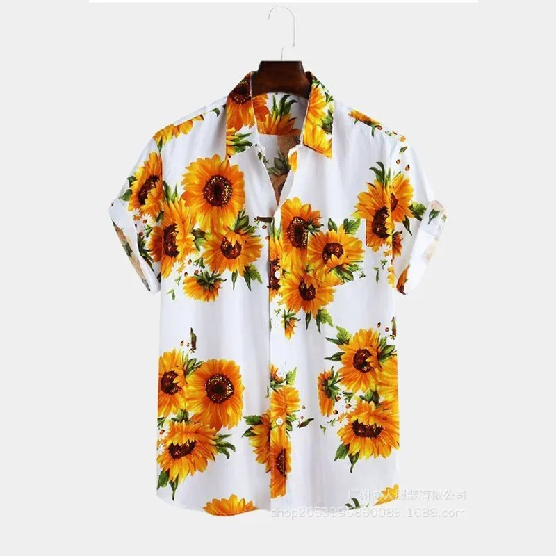 Hawaiian Men's British Sunflower Digital Print Shirt Men's Cardigan Casual Short-sleeved Tour Lapel Shirt Clothing Street Wear