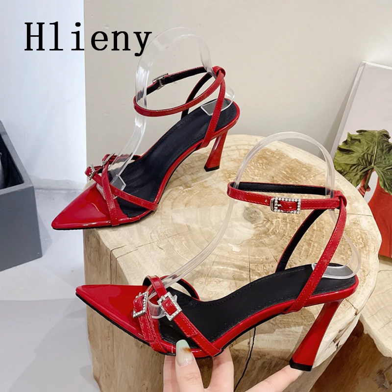 

Hlieny New Narrow Band High Heels Women Sandals Summer Ankle Crystal Buckle Strap Pointed Toe Banquet Party Fashion Shoes