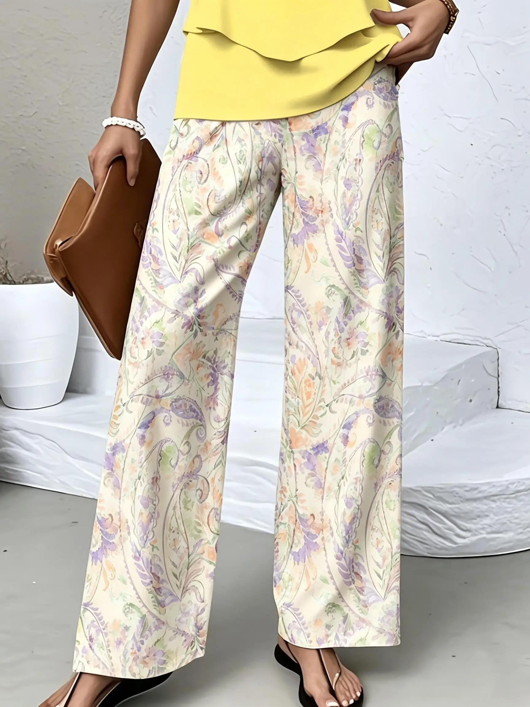 Women Boho Paisley Print Palazzo Pants Elastic High Waist Loose Wide Leg Trousers  Casual For Beach Vacation