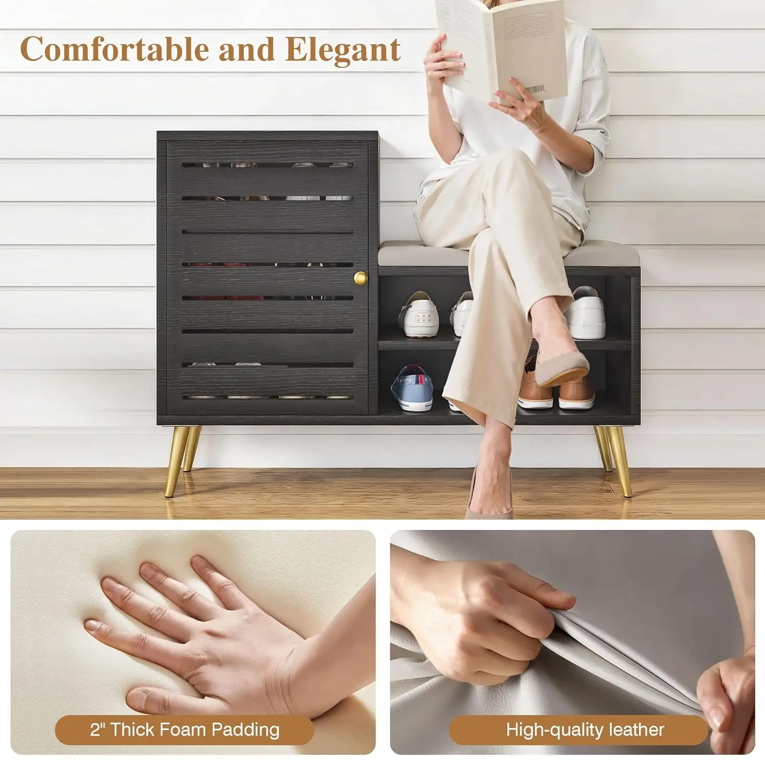Shoe Storage Bench with Door&Shelf, Entryway Bench with Seat Cushion, for Hallway, Bedroom