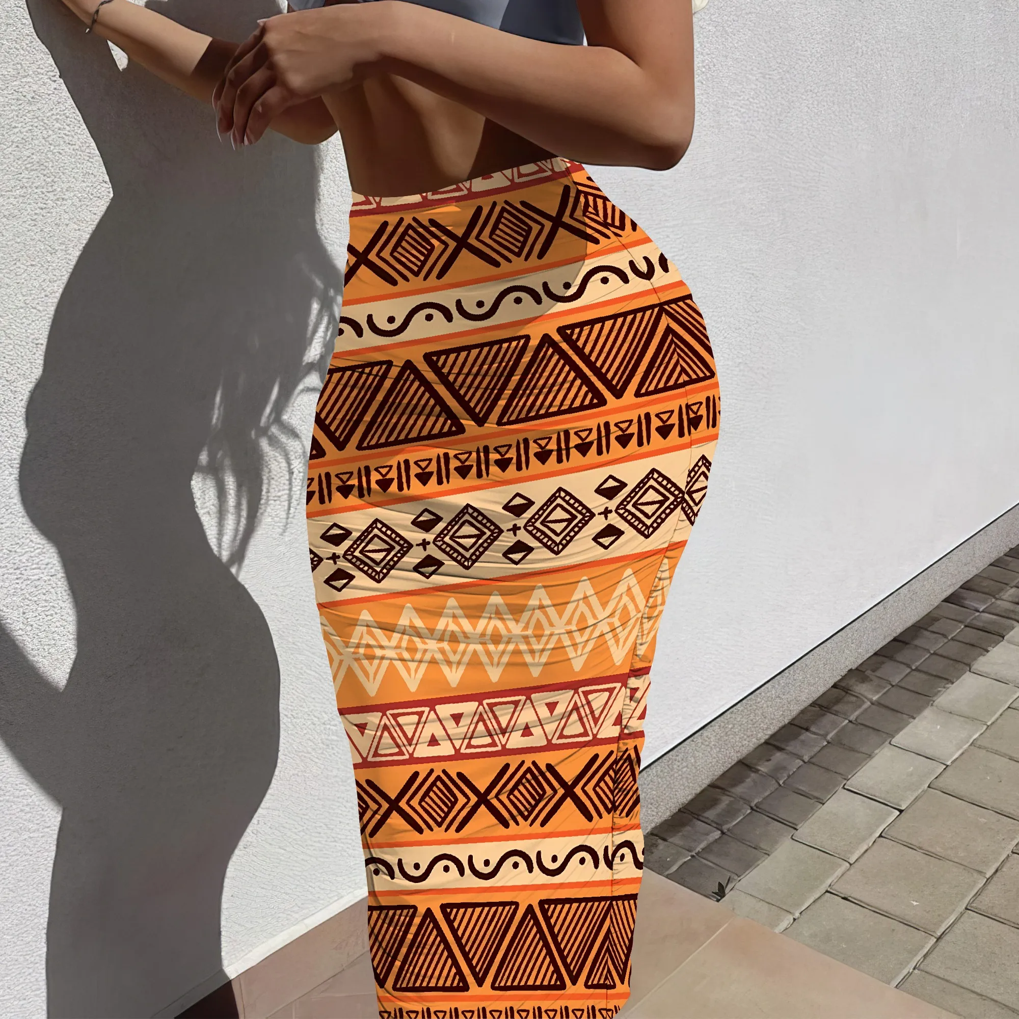 Nupusa Falda con estampado geométrico tribal naranja para mujer Falda larga ajustada informal de cintura alta