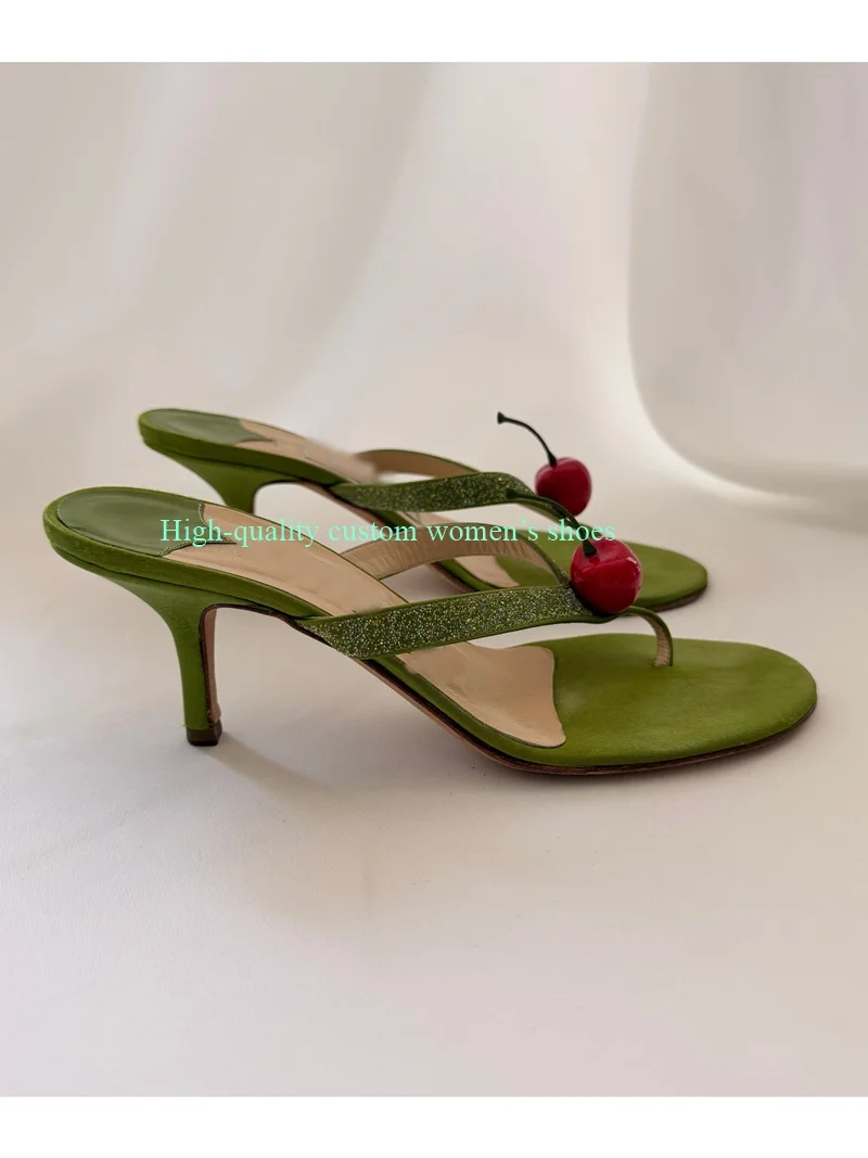 Red Cherry Decorations Round-Headed Toe Clip Green Slippers Stilettos Suede Manual Luxury High Heels New Hot-Selling Model