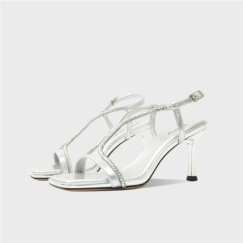 Summer new square toe exposed toe leather surface rhinestone chain temperament sandals banquet dress slim high heels women shoes