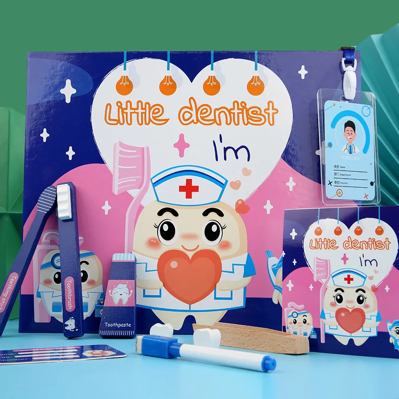 Wooden simulation doctor set, children's puzzle role-playing interactive home play, little dentist puzzle teeth toy